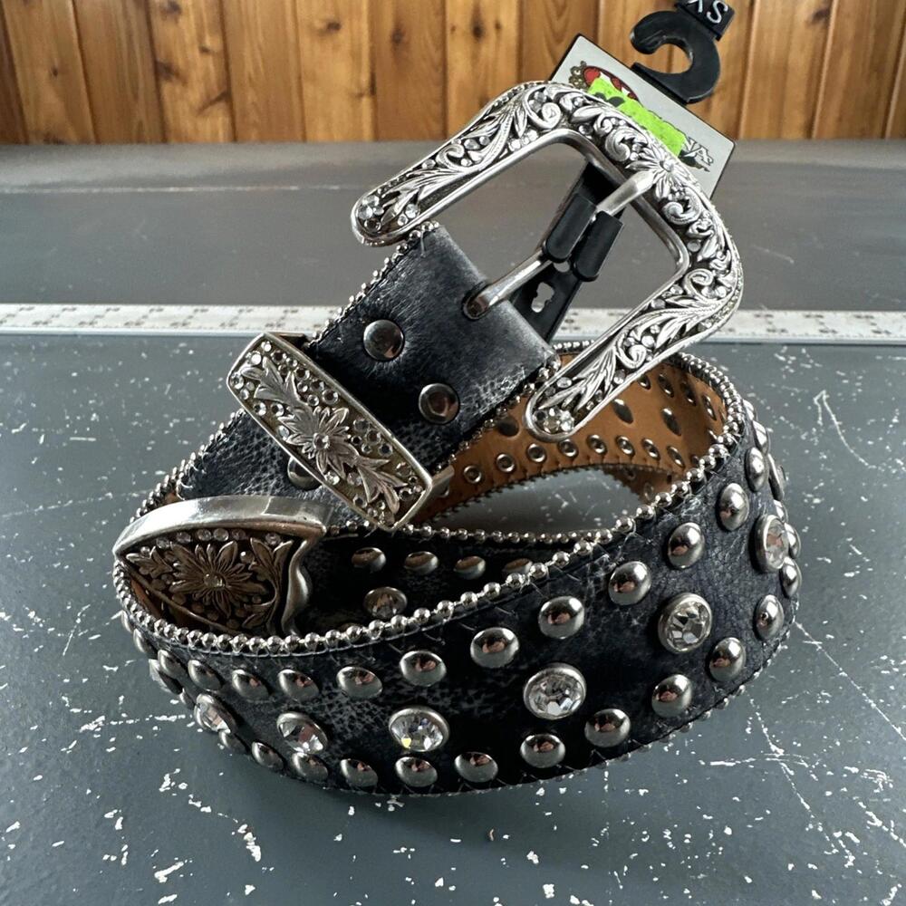 Nocona Belt Womens 28 Black Silver Studded Rhinstone With Buckle NWT
